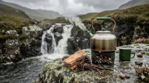 A Ghillie Kettle boiling water efficiently during a windy day in the Scottish Highlands.