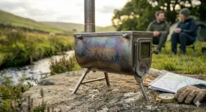 Alt text for image 6: A detailed shot of a titanium wood burning camping stove showing the blue heat-patina and rain droplets on the metal after a wild camp.