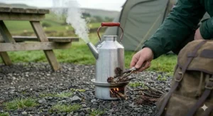 A traditional aluminium storm kettle boiling on a gravel pitch, fuelled by small twigs and pinecones, with steam venting from the spout.