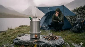 A Kelly Kettle being used in windy and rainy British weather conditions, showing its reliability.
