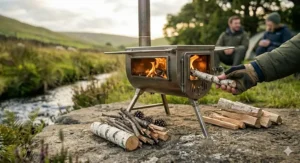 Alt text for image 5: A hand in a hiking glove feeding small dry twigs and pine cones into the firebox of a wood burning camping stove.