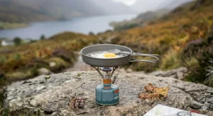 A photorealistic illustration focusing on the small lid from a cookware set for backpacking, being used independently as a frying pan on a compact gas stove to cook a single fried egg.