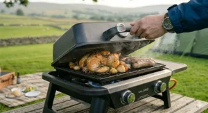A versatile camping grill with its lid raised to reveal a whole roasted chicken and vegetables, demonstrating its oven-like convection capabilities.