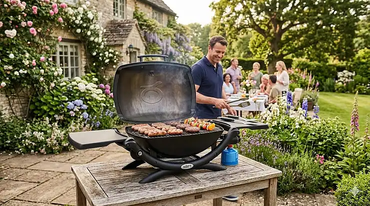 A high-quality photorealistic image of a Weber Q-style portable gas barbecue cooking sausages on a wooden patio table, set in a scenic British country cottage garden with guests dining in the background. Weber portable bbq