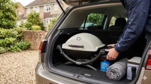 A man in a navy jacket carefully places the folded, compact black Weber portable gas BBQ into the carpeted boot of a modern British hatchback car in a leafy suburban garden.