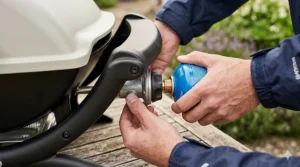 A close-up photorealistic photograph of a hand attaching a small blue disposable gas canister to the regulator of a black Weber portable BBQ, seen on a wooden table in a British garden setting.
