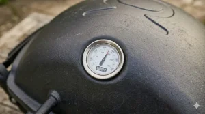 A detailed close-up of the built-in lid thermometer on a Weber portable BBQ, showing a clear dial with Celsius and Fahrenheit markings for precise outdoor roasting temperature control.
