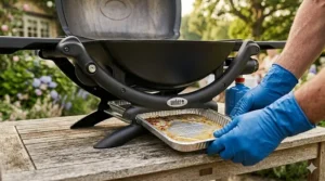 A close-up photorealistic photograph showing hands in blue rubber cleaning gloves removing a disposable aluminium grease tray from beneath the frame of a Weber Q portable gas BBQ.