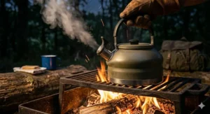 Durable steel whistling kettle for camping heating over an open wood fire at a UK campsite.