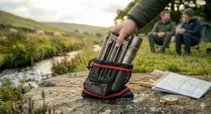 Alt text for image 8: A hand placing the collapsed components of a wood burning camping stove into a black and red mesh drawstring carry bag for easy transport.