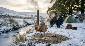 Alt text for image 9: A wood burning camping stove glowing with a warm fire in a snowy British landscape, with a frozen stream and a tent in the background.