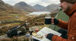 A portable AeroPress coffee maker being packed into a rucksack for a wild camping trip.