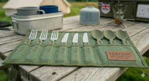 Traditional aluminium mess tins with a matching budget camping cutlery set and solid fuel stove, popular for UK Duke of Edinburgh expeditions.