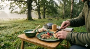 Sustainable bamboo camping plates and bowls in a natural forest green colour.
