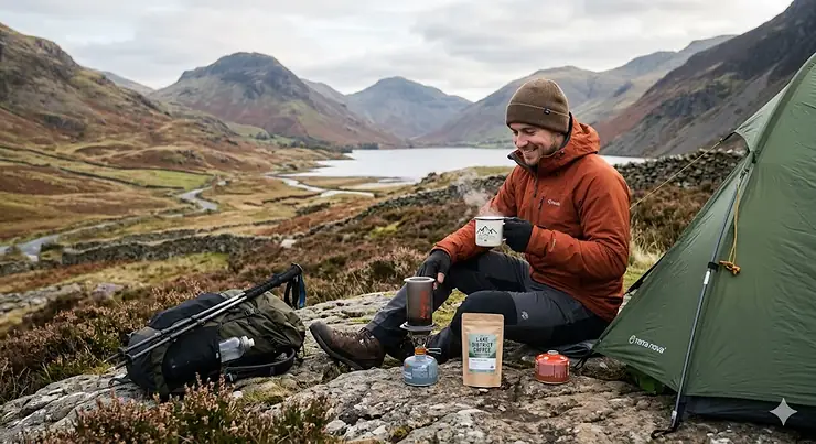 A compact, lightweight coffee maker designed for one person, set up on a camping stove at a scenic UK campsite. camping coffee makers for one person