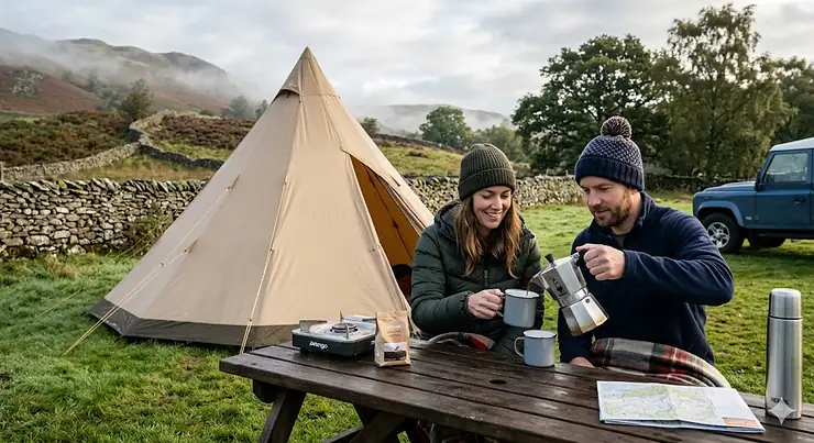 A premium camping coffee maker brewing fresh coffee next to a tin mug on a wooden picnic table, with the rolling hills of the Peak District in the background. camping coffee makers