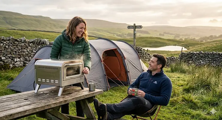 Alt text for image 1: A portable stainless steel camping oven sits on a picnic table as a couple relaxes nearby with mugs in the rolling hills of the British Yorkshire Dales, illustrating a review of the best camping ovens for outdoor cooking. best camping ovens