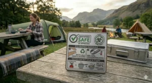 Graphic showing safe, BPA-free plastic camping bowls designed to hold hot soup and stews.
