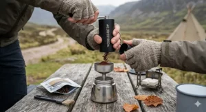 A compact 12v caravan coffee maker sitting on the kitchen worktop of a modern campervan parked by the Scottish Highlands.