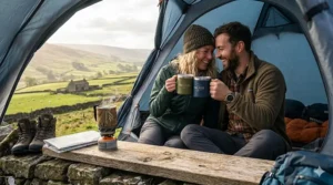 A coastal road trip scene in Cornwall, featuring a colourful insulated travel mug sitting on the dashboard of a classic campervan overlooking the sea.