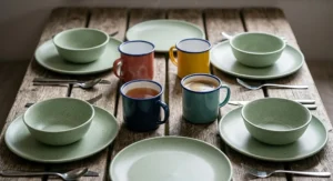 Modern melamine camping dinnerware set including matching bowls, plates, and mugs for outdoor hot drinks.
