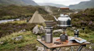 Hot water being poured from a whistling camping kettle into a silicone collapsible coffee drip cone over a metal flask.