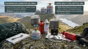 Various UK fuel sources including C500 gas canisters and methylated spirits for multi-fuel camping stoves.