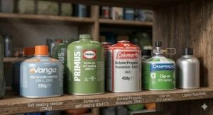 Illustration showing the difference between screw-on and clip-on gas canisters common in UK outdoor shops.