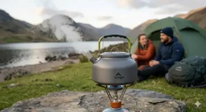 A classic whistling camping kettle boiling water on a small gas stove for a morning brew.