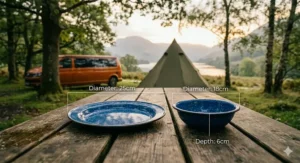 Diagram showing the depth and diameter of standard melamine camping plates and bowls.