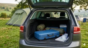 A family camping stove with side and rear windshields deployed to maintain flame efficiency in breezy British weather.