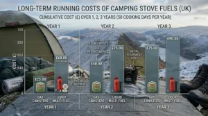 A chart showing the long-term running costs of gas canisters versus liquid fuel for regular UK campers.