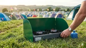 Close-up of a camping stove with a built-in windshield protecting the flame from British breeze.