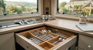 A fully-fitted caravan kitchen drawer organiser containing a neat set of camping cutlery with grey handles, demonstrating space-saving organisation for motorhomes and caravans.
