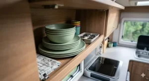 Lightweight melamine camping dinnerware sets stacked neatly inside a caravan kitchen cupboard to save space.