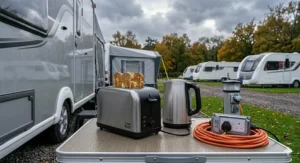 A low-wattage toaster and kettle on a folding table outside a modern caravan parked on a gravel pitch at a British holiday park.