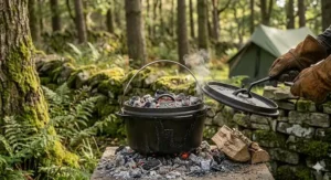 Alt text for image 3: A photorealistic detailed close-up of a seasoned black cast iron Dutch oven sitting directly on glowing embers in a British forest glade, functioning as a traditional camping oven. Coals are also arranged on the lid, and the forest background with dry stone walls is softly blurred.
