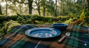 Traditional blue speckled enamel camping plate resting on a picnic rug.