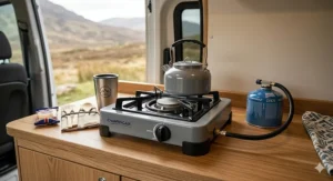 Alt text for image 9: A person cleaning a camping stove with removable pan supports and a stainless steel drip tray for easy maintenance during long trips.