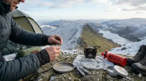 A camper performing field maintenance and cleaning the jet of a multi-fuel stove during a multi-day trek.