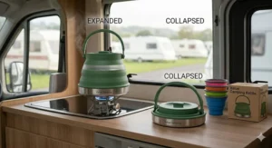 A space-saving collapsible silicone camping kettle in green, ideal for campervans and small kit bags.