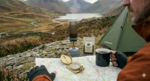 A manual, compact coffee grinder for fresh beans, essential for solo outdoor brewing.