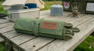 Close-up of a budget camping cutlery organiser showing neatly slotted stainless steel utensils and a small white chopping board.