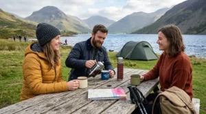 Alt text for image 8: An oversized cream-coloured retro enamel mug resting on a wooden picnic table, featuring a highly detailed graphic of the Lake District landscape with a stag, a compass, and a bird of prey.
