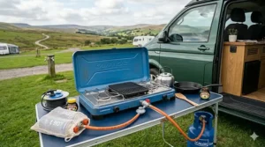 Alt text for image 3: A classic blue Campingaz double-burner stove with an integrated grill section, placed on a folding camping table outside a motorhome.
