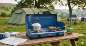 A portable double-burner gas camping stove with a windshield, ideal for cooking family meals outdoors.