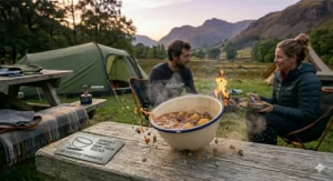 A durable enamel camping bowl for hot food dropped safely onto a grassy campsite pitch.