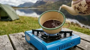 Alt text for image 2: Close-up of hot water being poured from a vintage-style ceramic teapot into a cream-coloured enamel mug filled with ground coffee, resting on a blue portable gas camping stove.