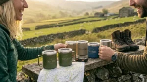 A collection of colourful, scratch-resistant stainless steel insulated camping mugs clipped to backpacks, highlighting plastic-free reusable outdoor gear.