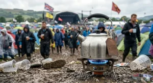 Close-up of a sturdy, value-for-money steel kettle being used on a portable burner at a British music festival.